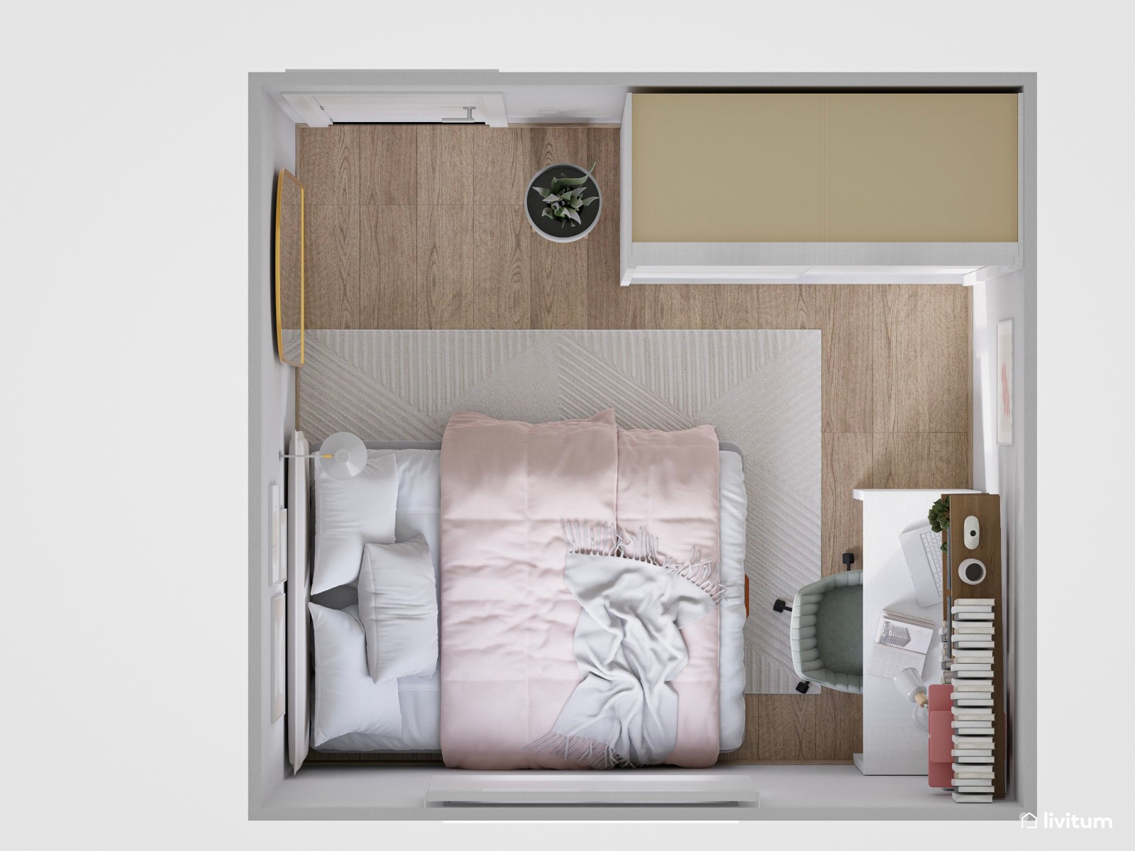 Elegante dormitorio individual con decoración en colores claros 