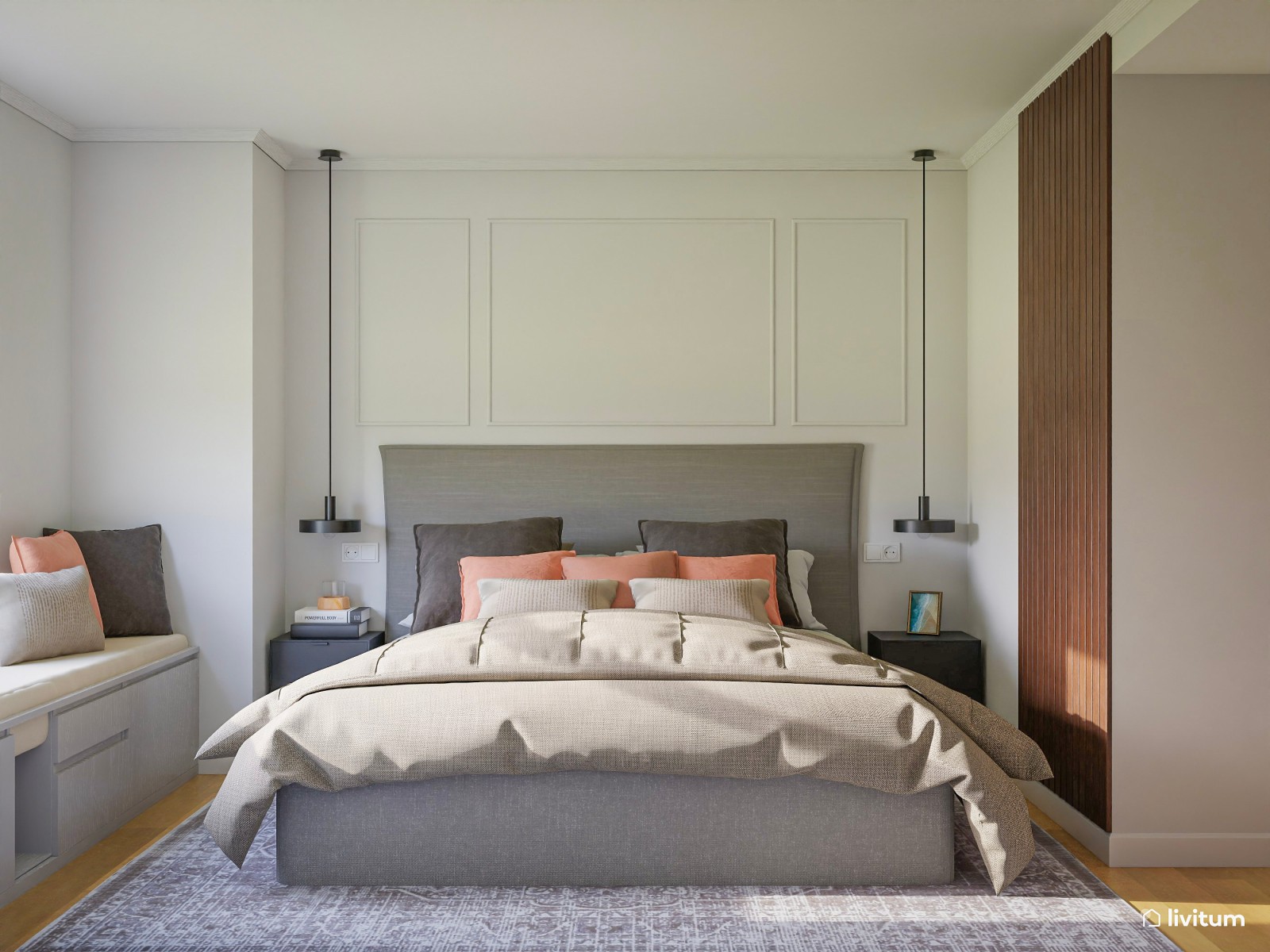 Elegante dormitorio moderno con banco a medida 
