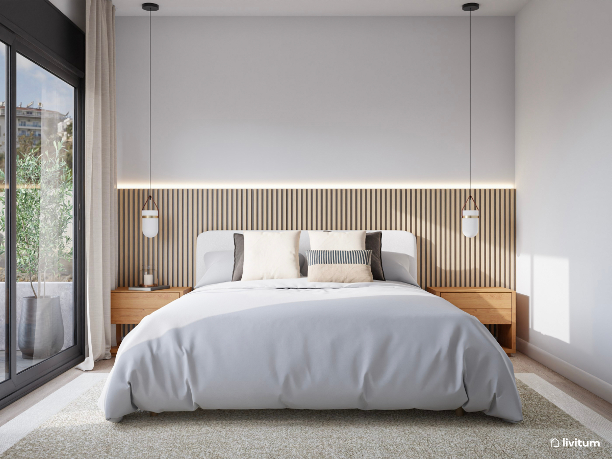 Elegante dormitorio moderno y en madera clara