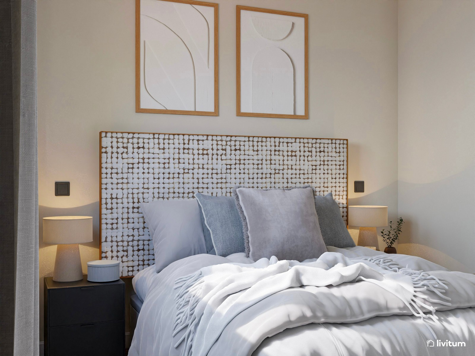 Elegante dormitorio nórdico con espectacular cabecero