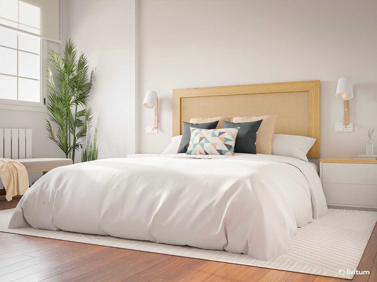 Elegante dormitorio nórdico en blanco , madera y verde