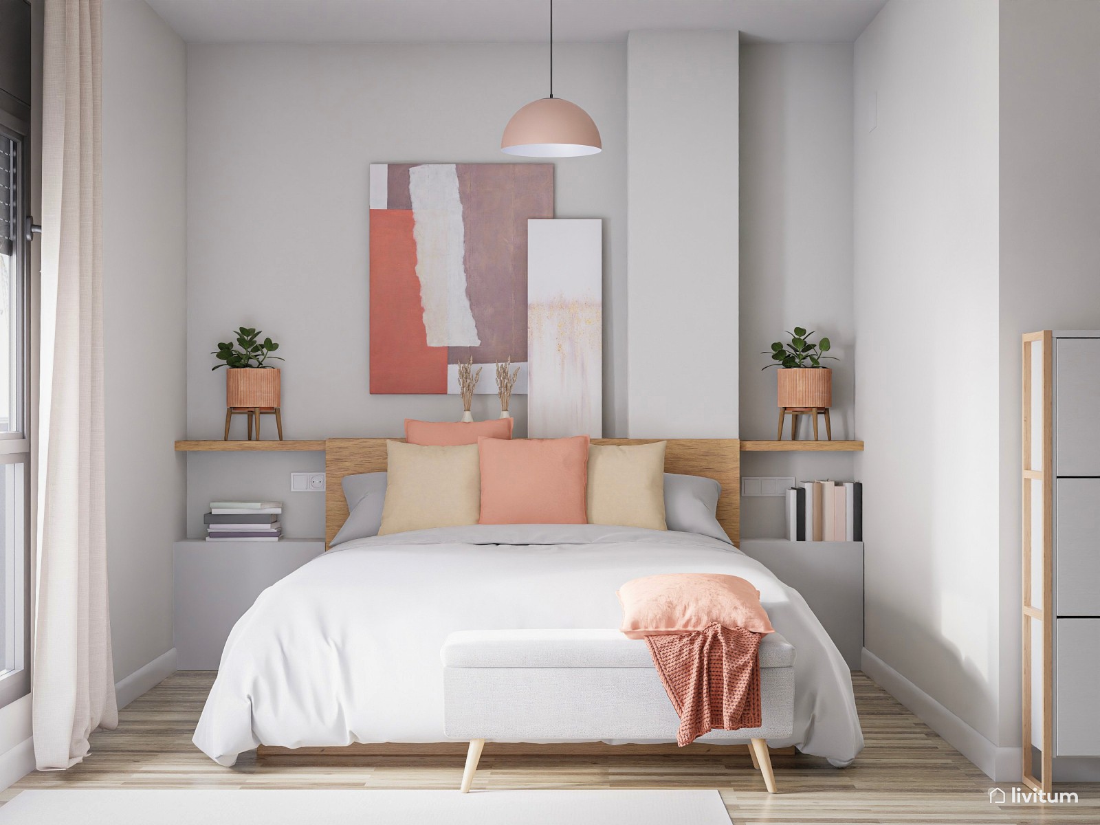Elegante dormitorio nórdico en blanco y rosa 