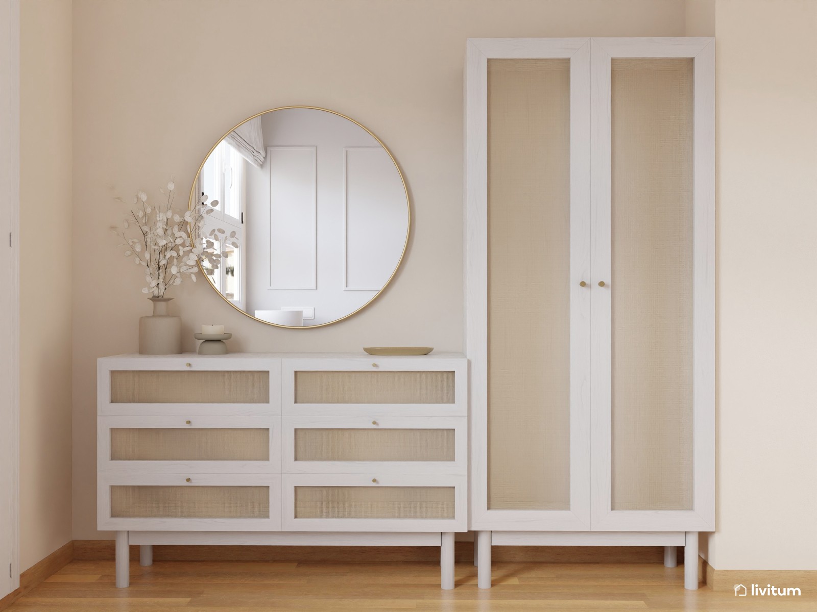 Elegante dormitorio vintage en blanco y verde menta