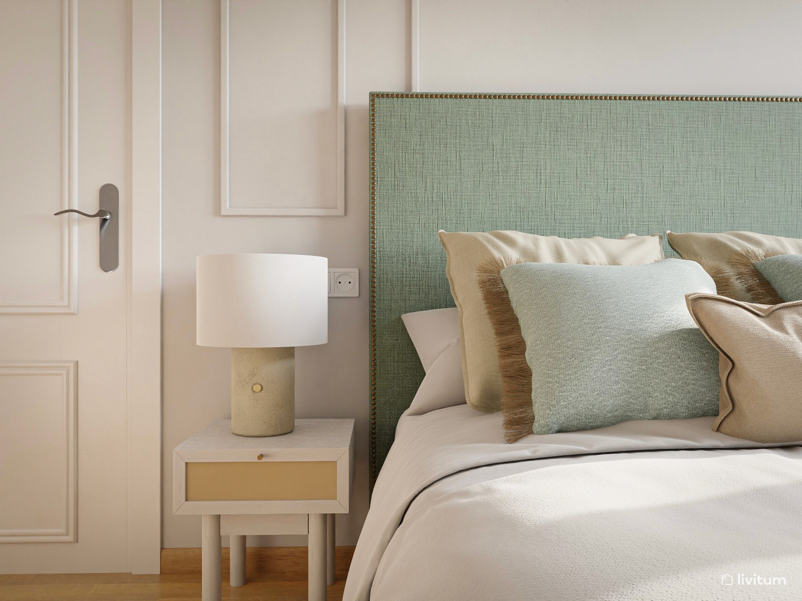 Elegante dormitorio vintage en blanco y verde menta