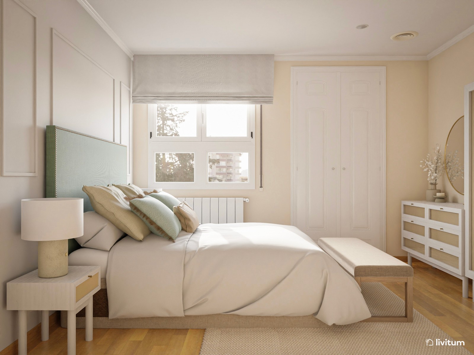 Elegante dormitorio vintage en blanco y verde menta
