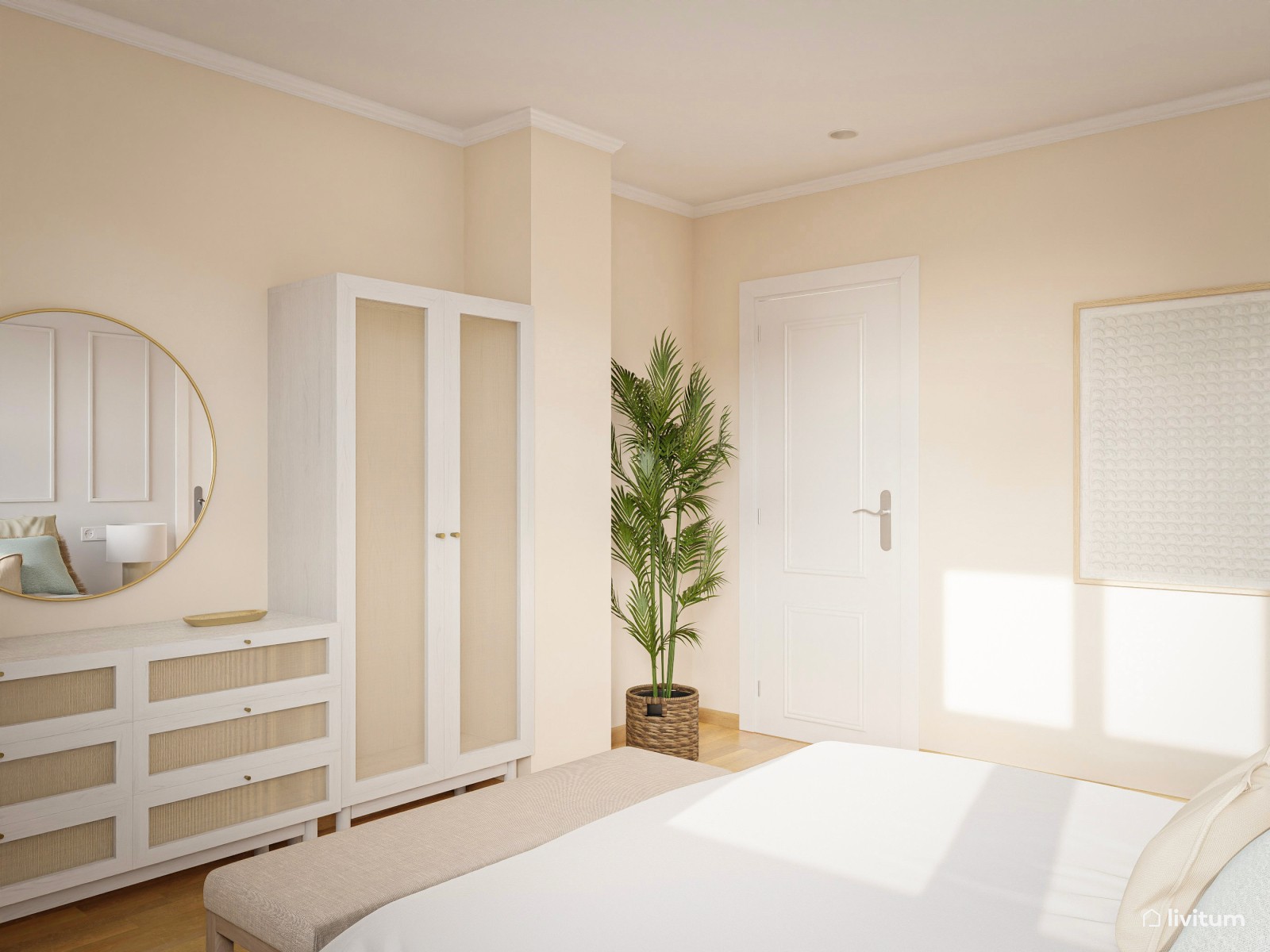 Elegante dormitorio vintage en blanco y verde menta