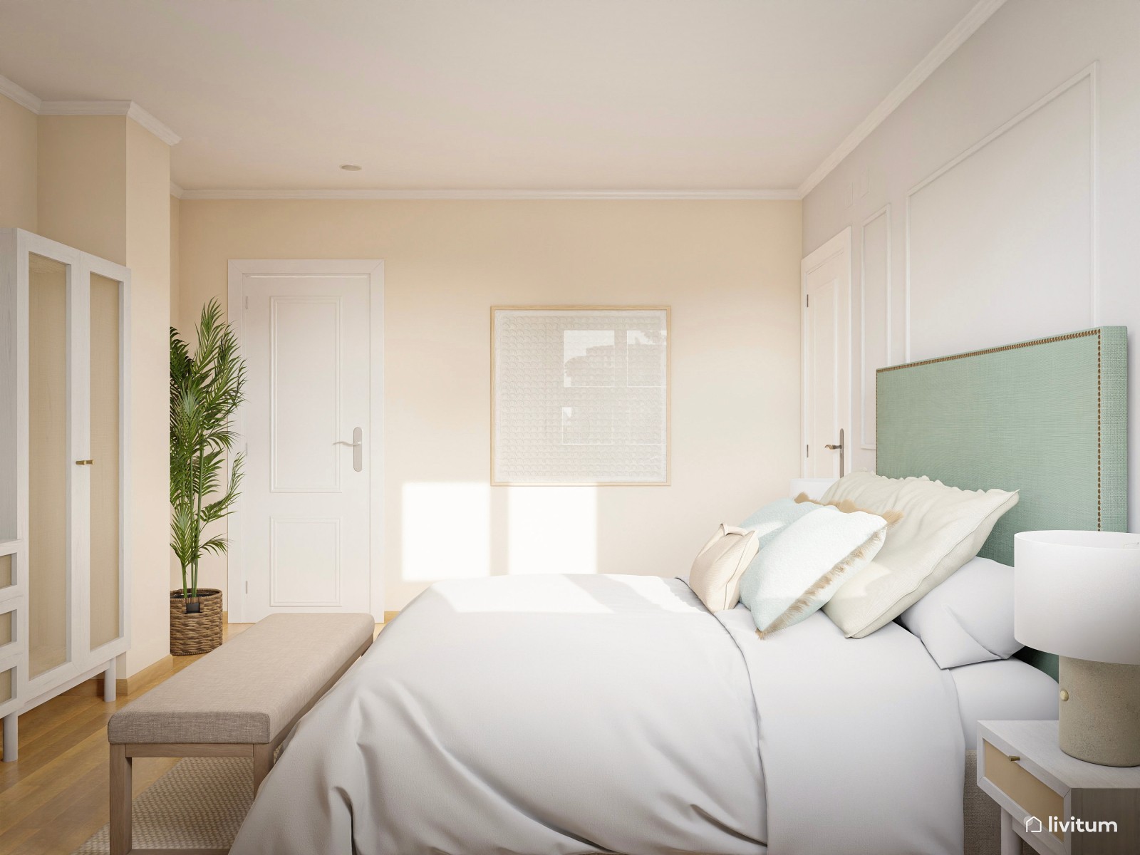 Elegante dormitorio vintage en blanco y verde menta