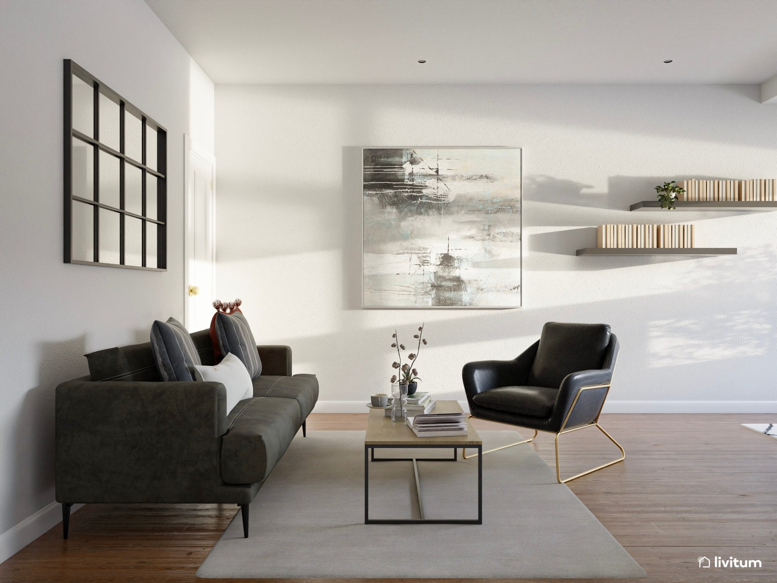 Elegante oficina con zona de salón en madera y negro