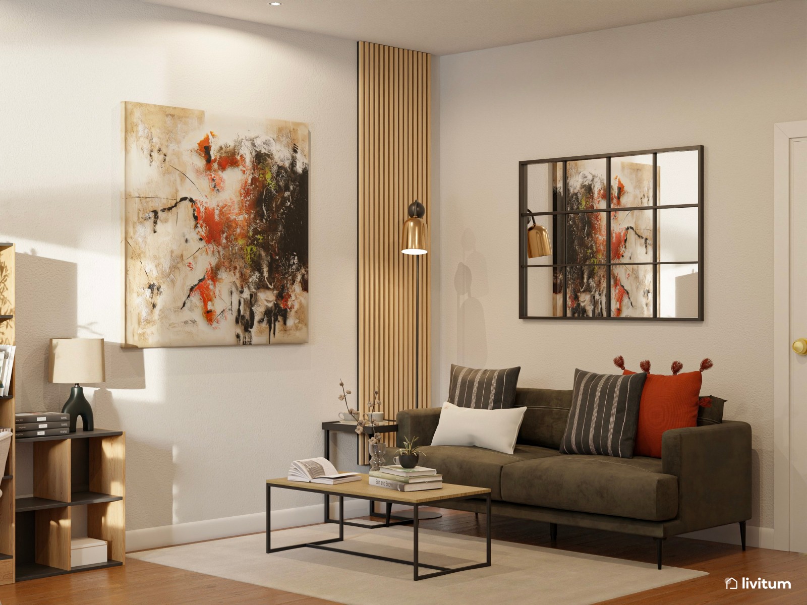 Elegante oficina con zona de salón en madera y negro