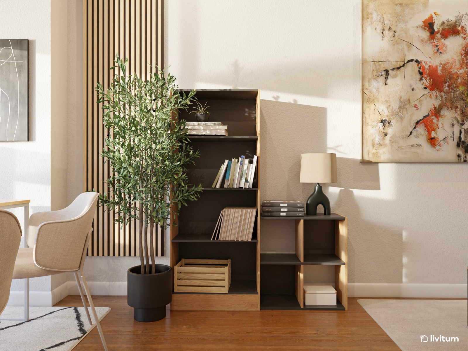 Elegante oficina con zona de salón en madera y negro