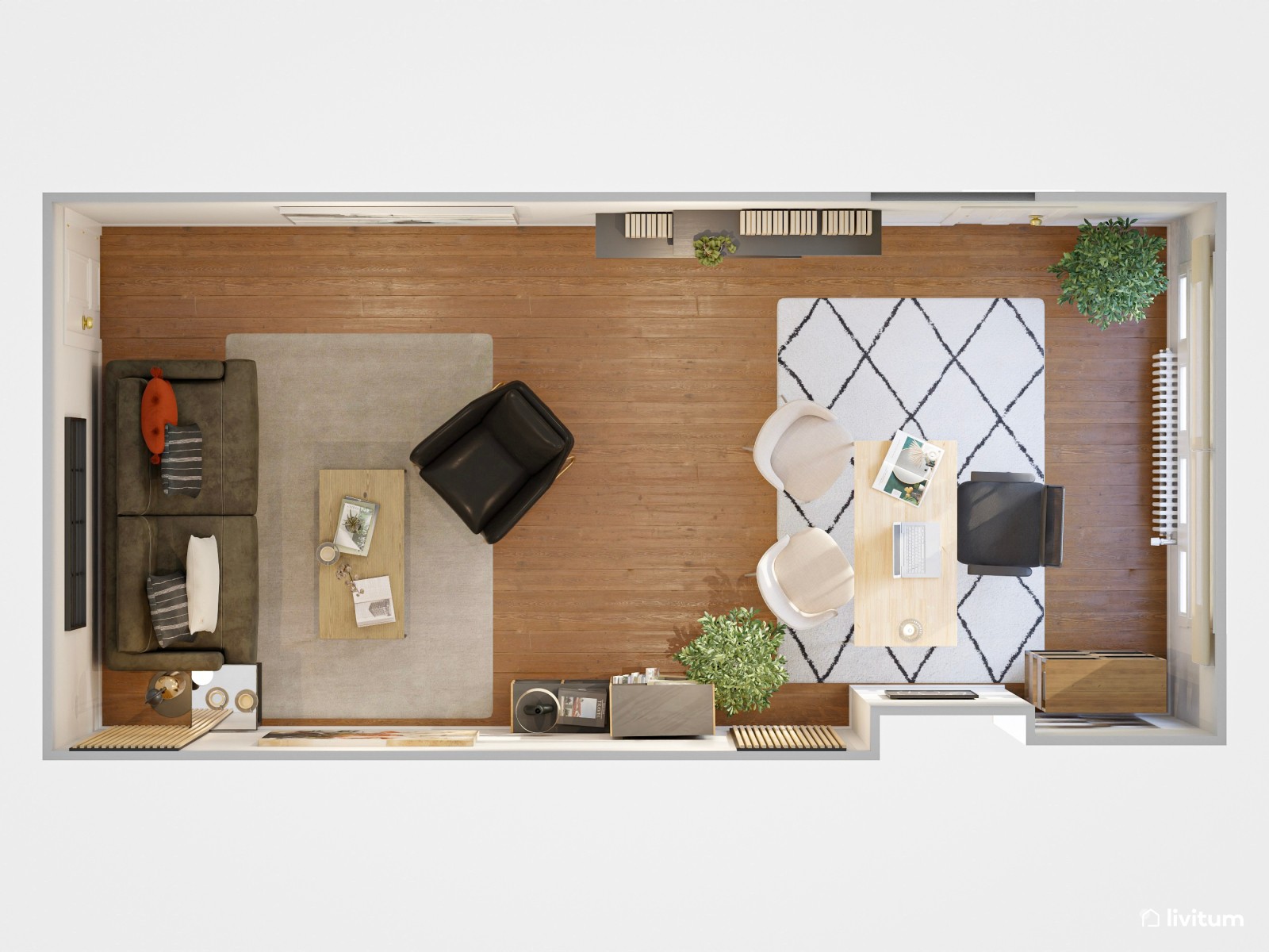 Elegante oficina con zona de salón en madera y negro