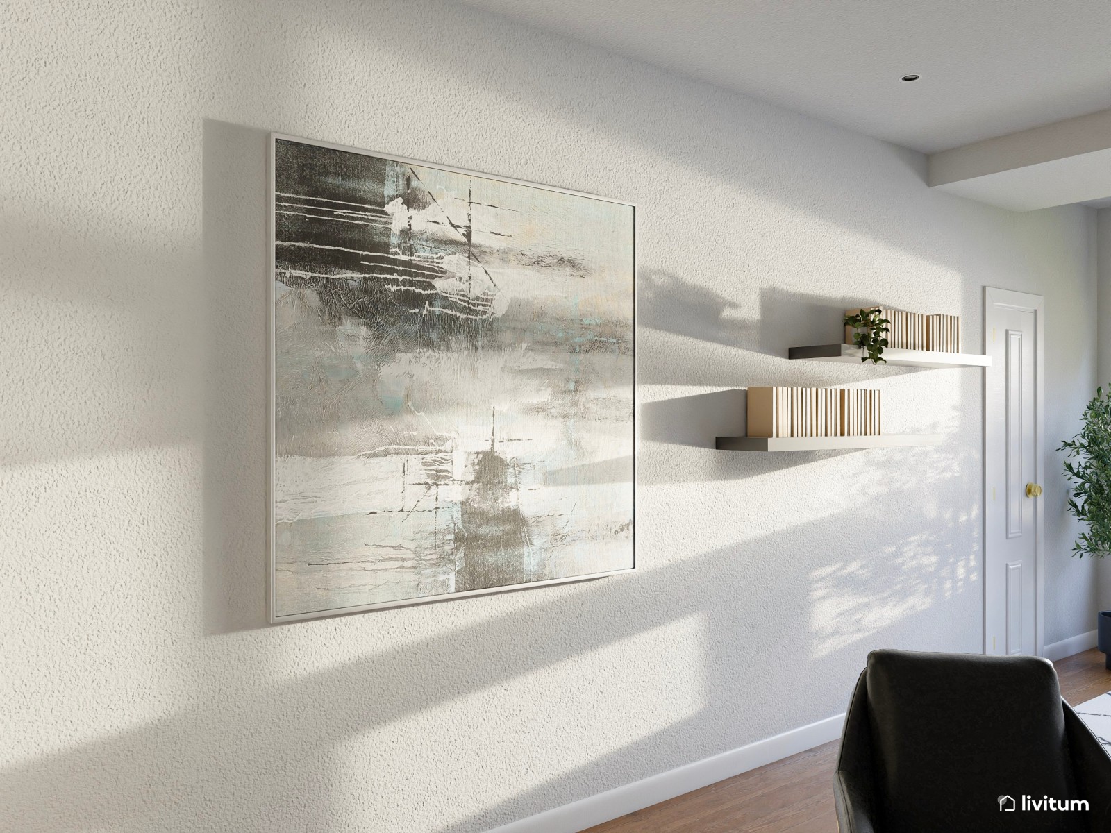 Elegante oficina con zona de salón en madera y negro