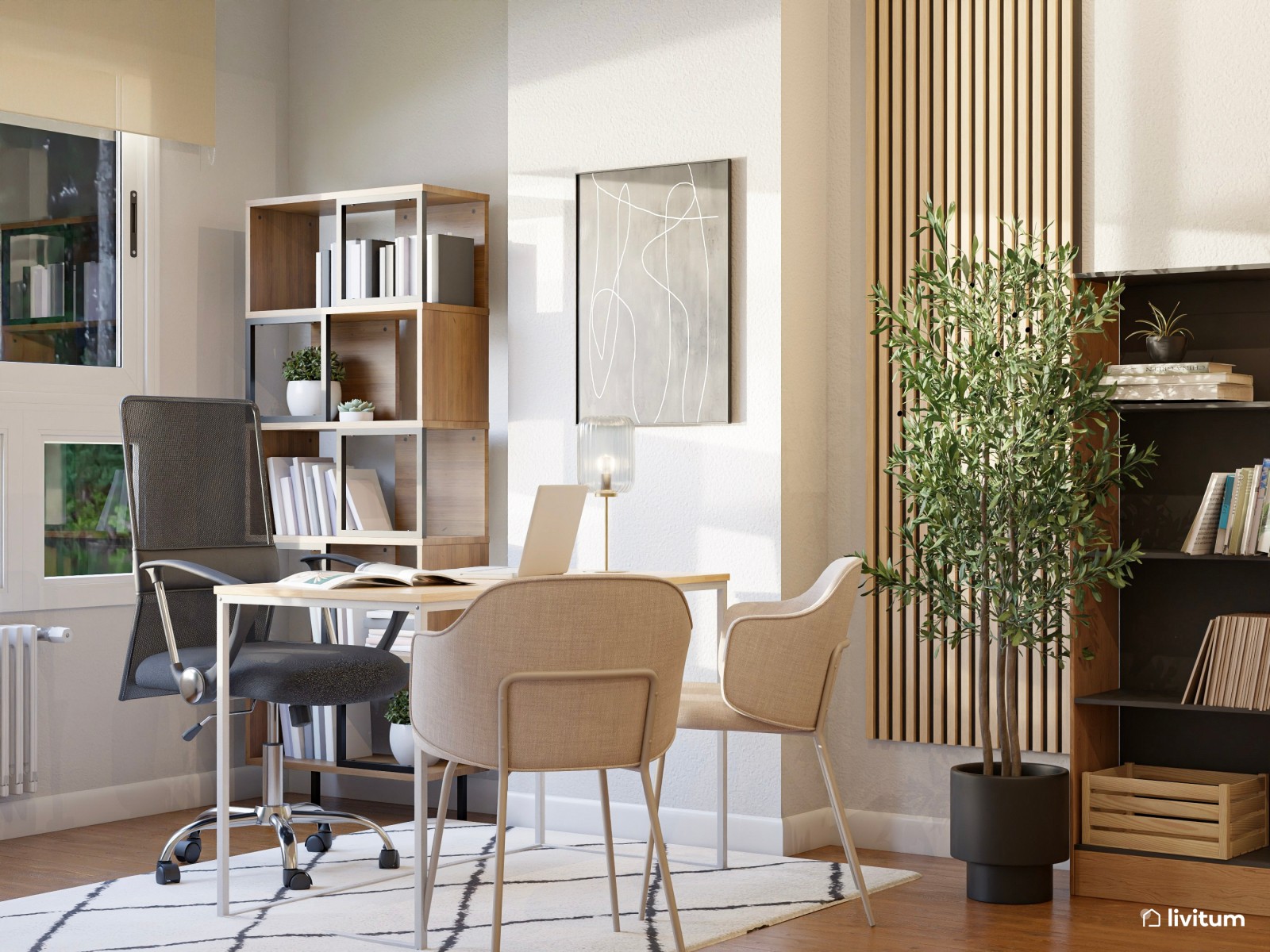 Elegante oficina con zona de salón en madera y negro