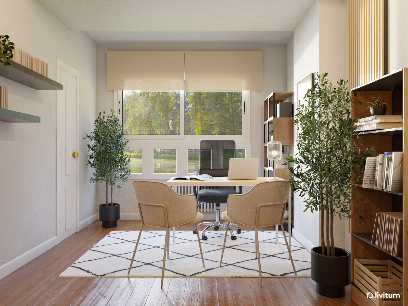 Elegante oficina con zona de salón en madera y negro