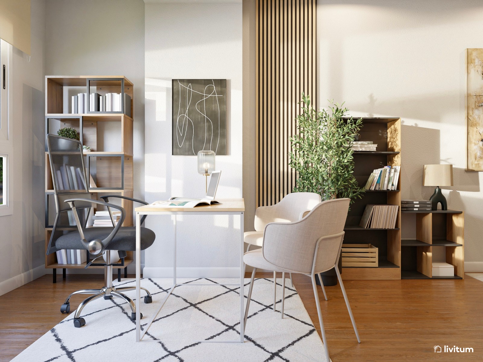 Elegante oficina con zona de salón en madera y negro
