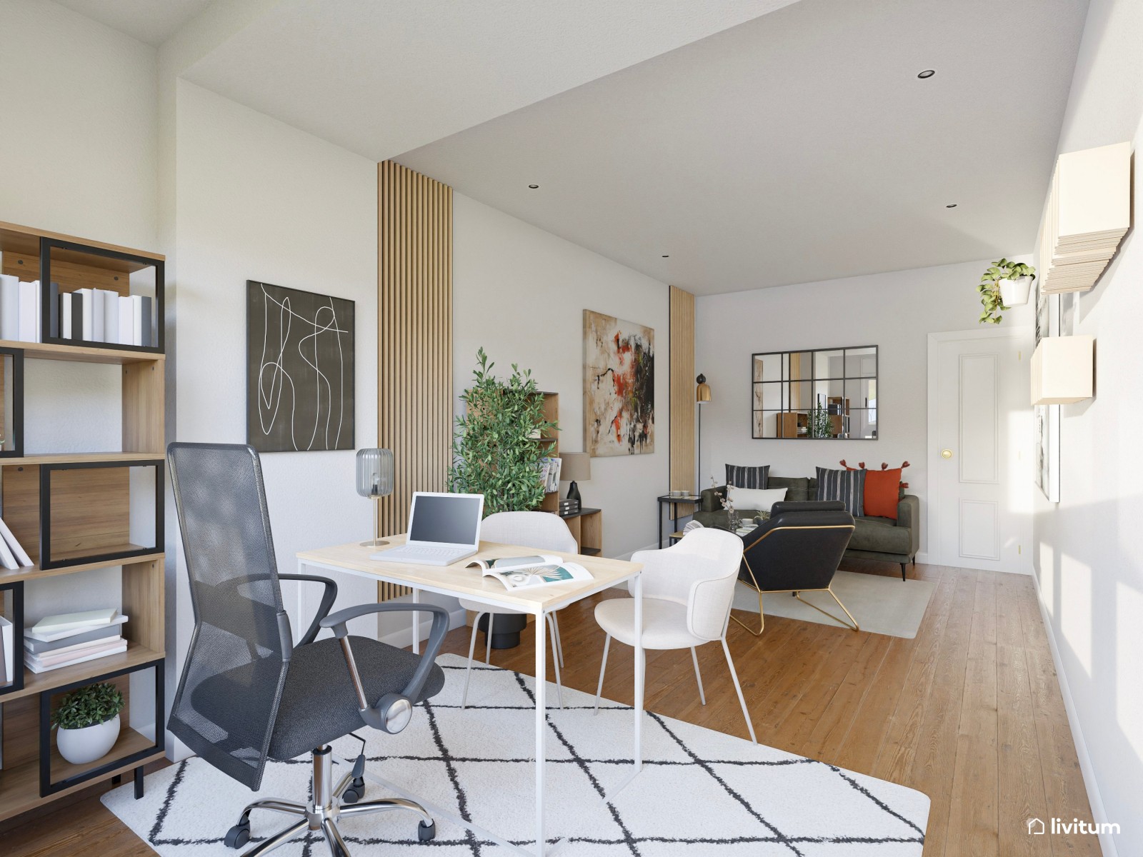 Elegante oficina con zona de salón en madera y negro