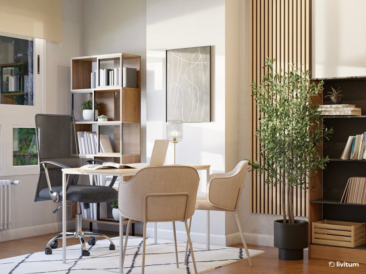 Elegante oficina con zona de salón en madera y negro