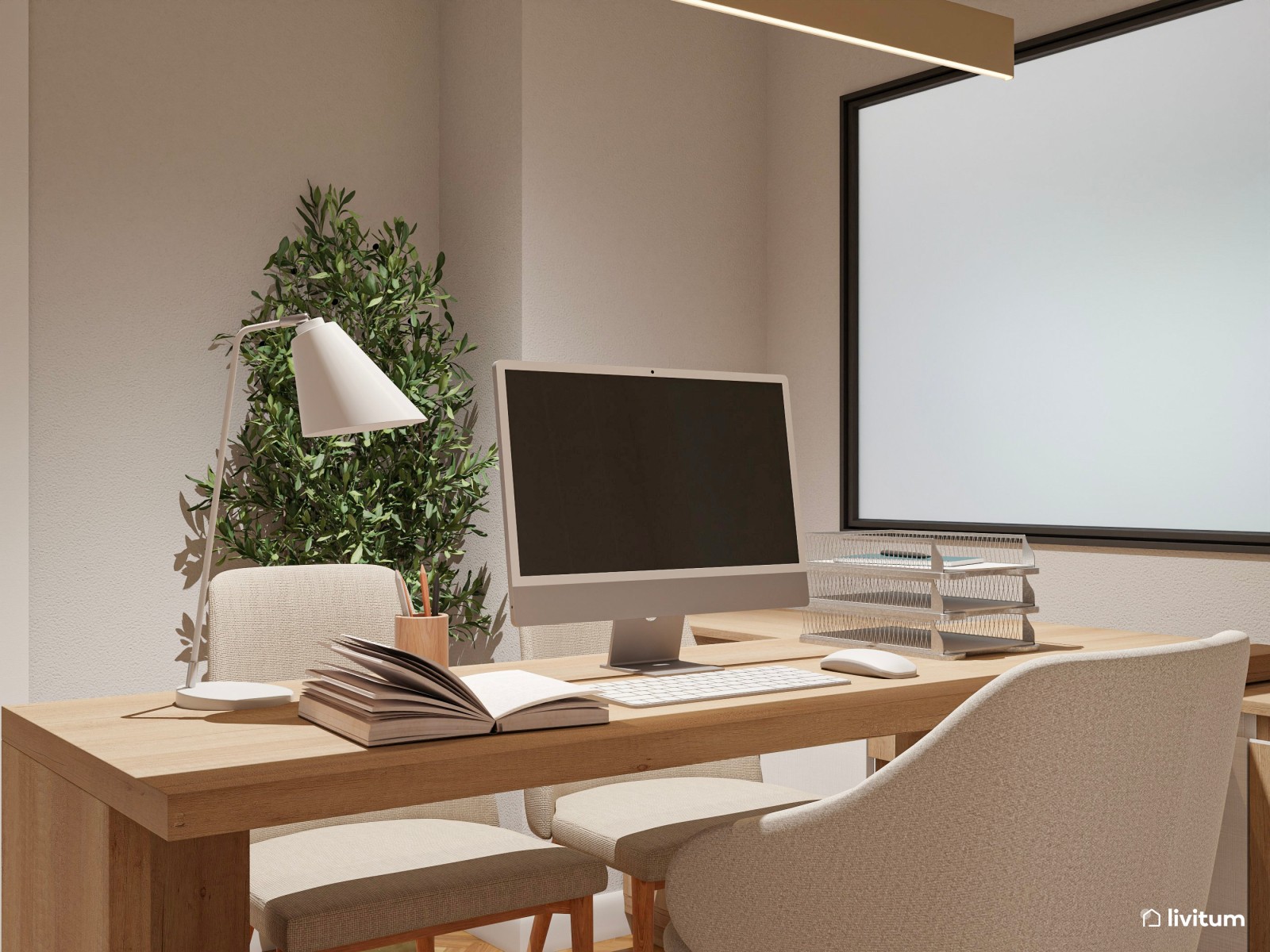 Elegante oficina de suelo espigado y paredes revestidas en papel pintado