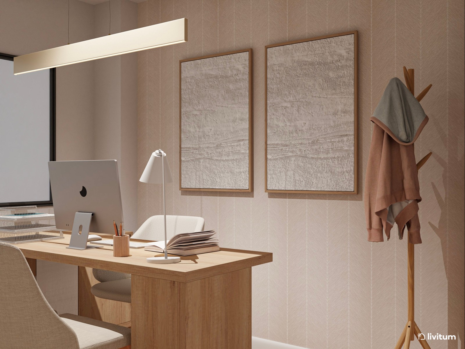 Elegante oficina de suelo espigado y paredes revestidas en papel pintado