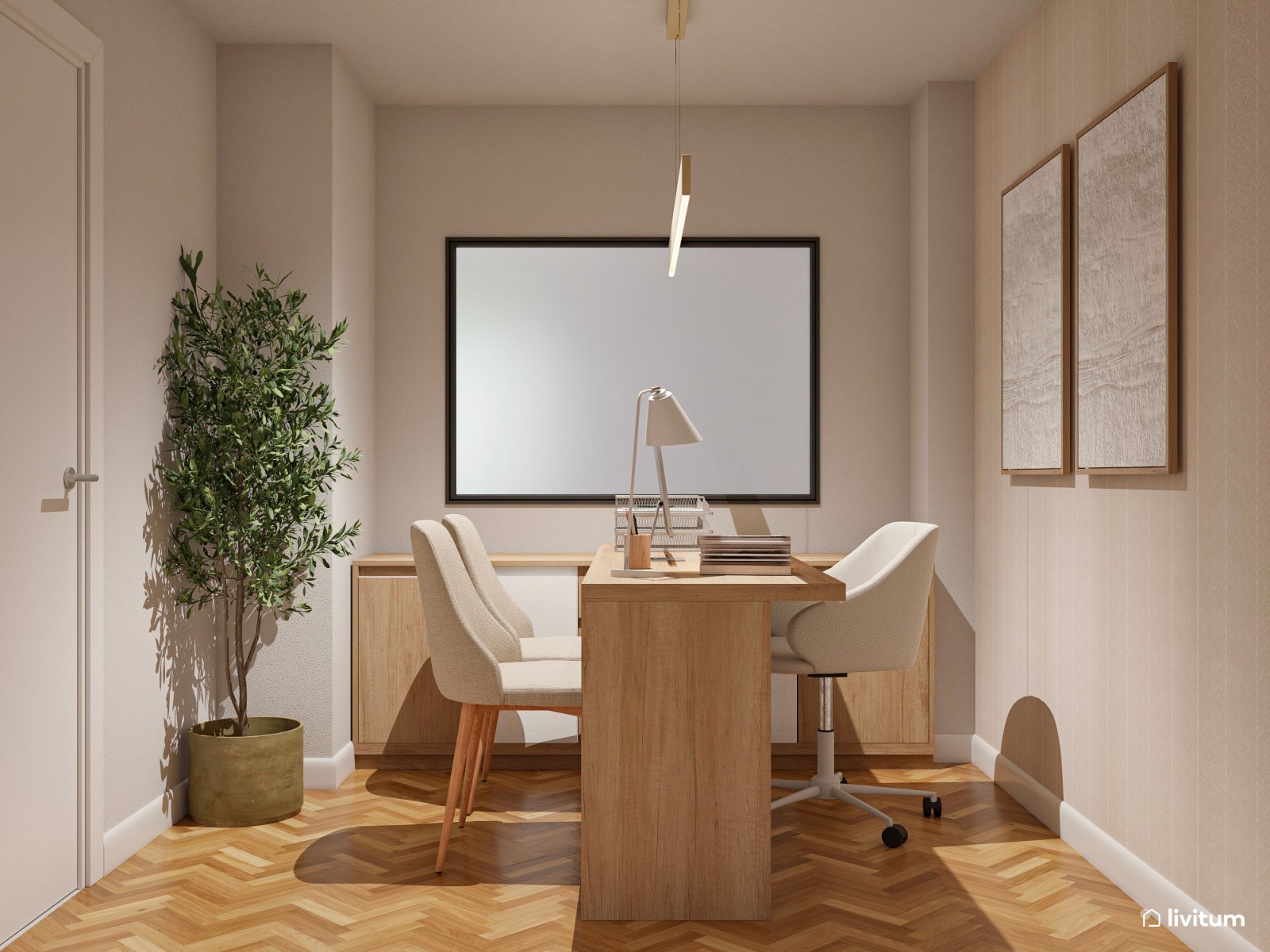 Elegante oficina de suelo espigado y paredes revestidas en papel pintado