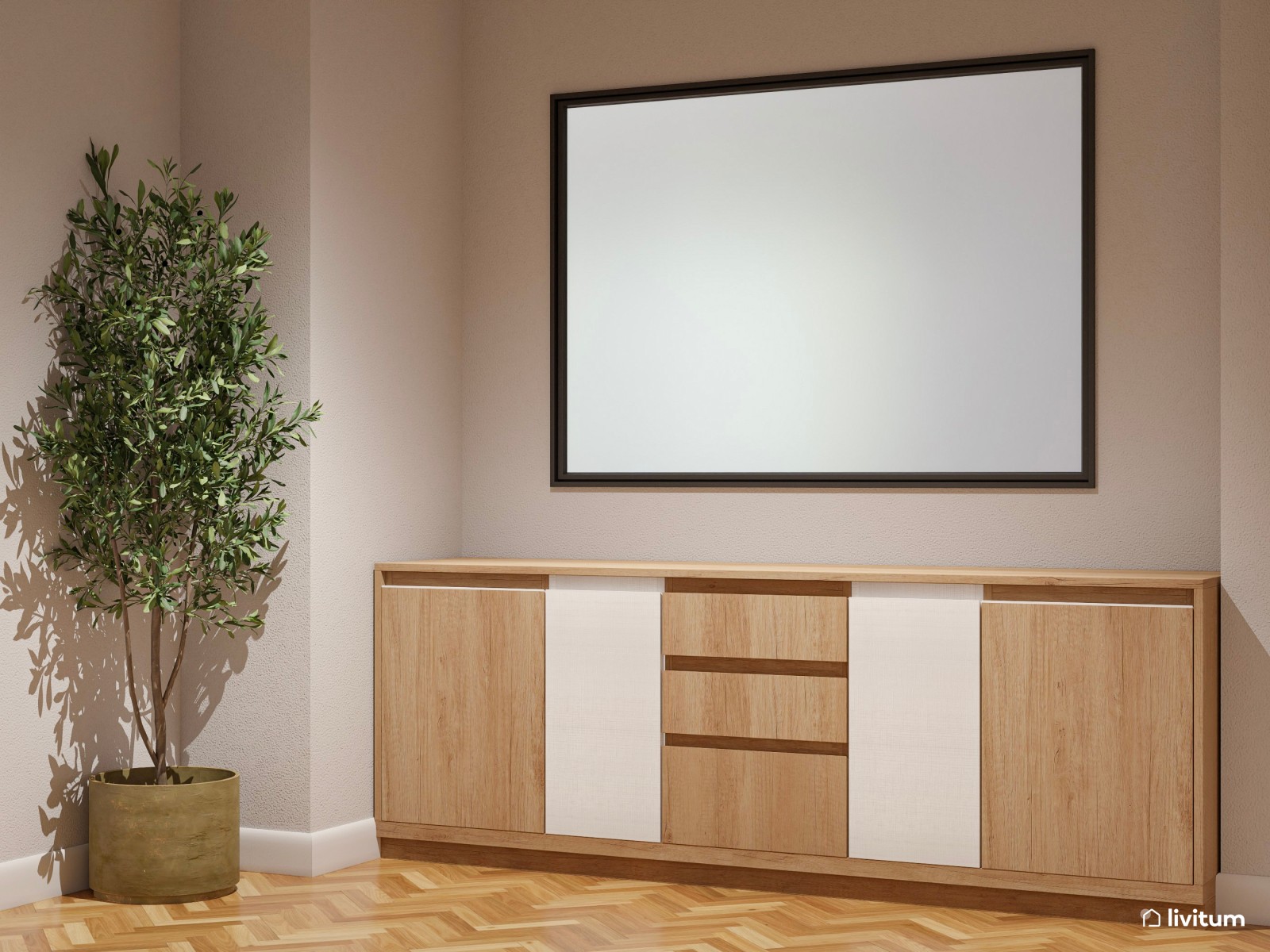 Elegante oficina de suelo espigado y paredes revestidas en papel pintado