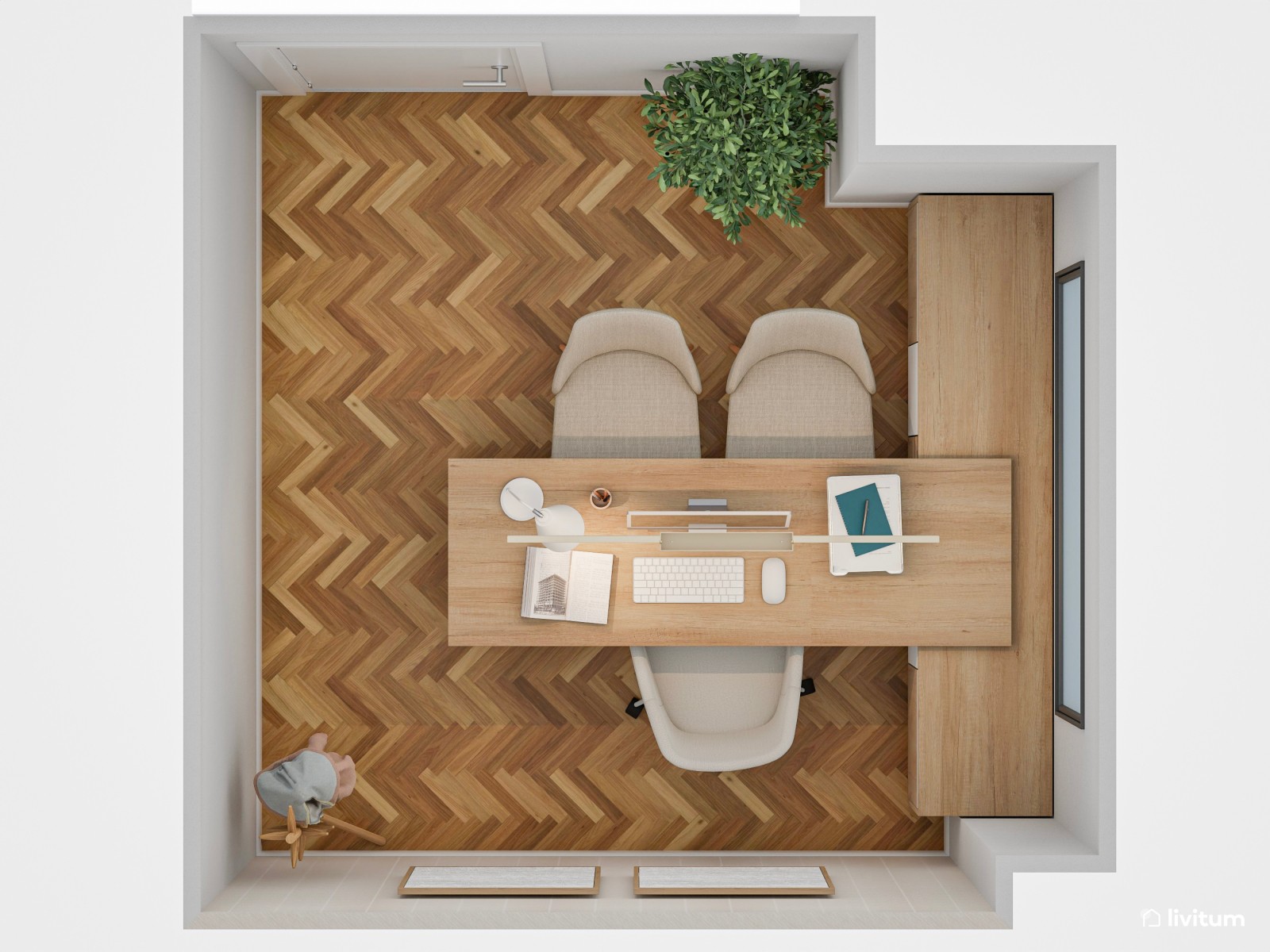 Elegante oficina de suelo espigado y paredes revestidas en papel pintado