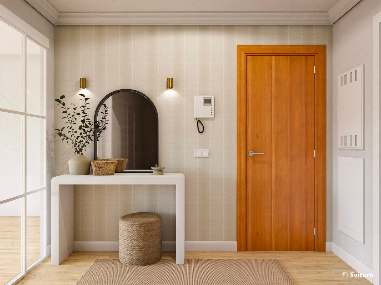 Elegante recibidor con papel pintado