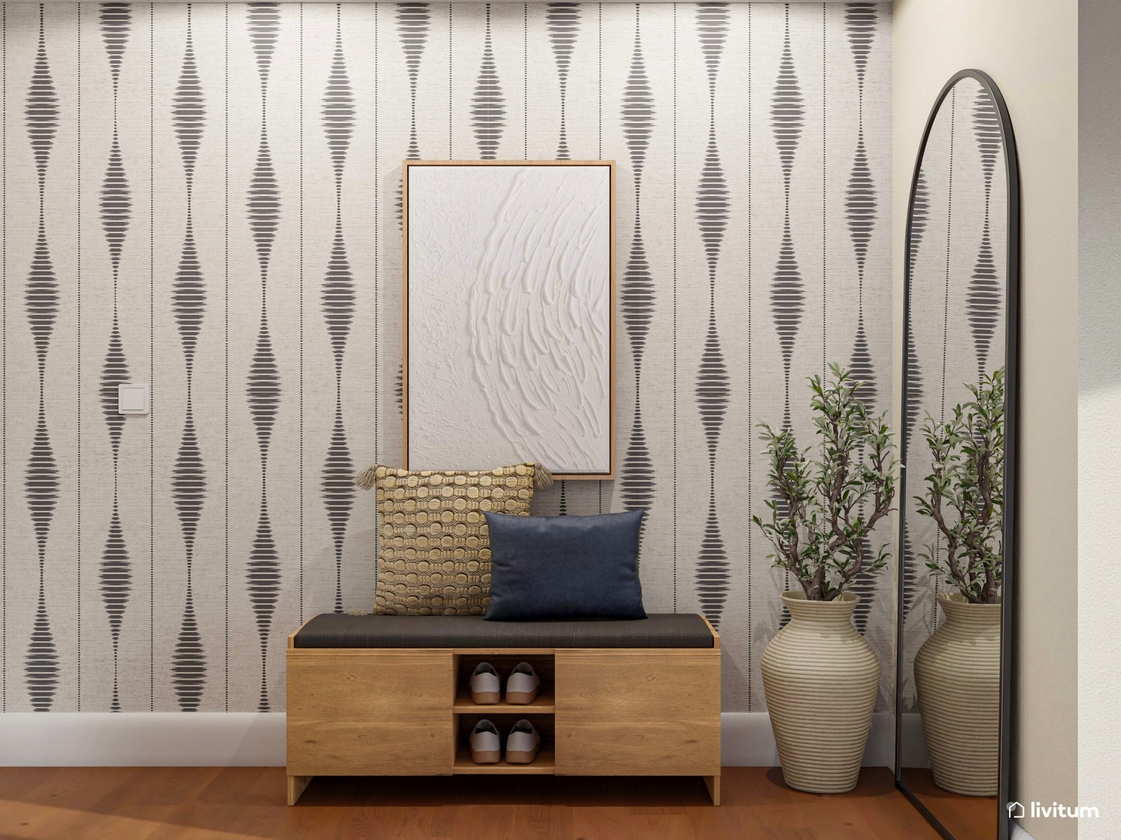 Elegante recibidor con sorprendente papel pintado