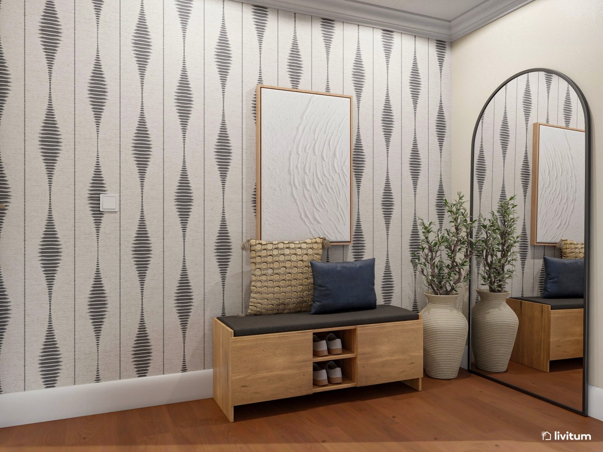 Elegante recibidor con sorprendente papel pintado