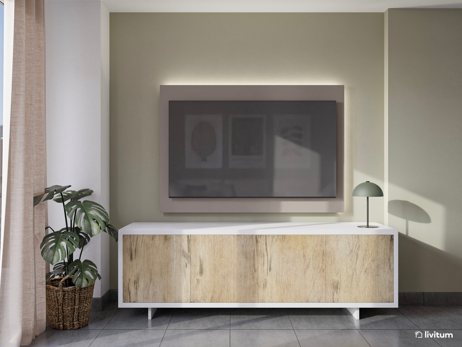 Elegante salón abierto en negro, madera y verde musgo