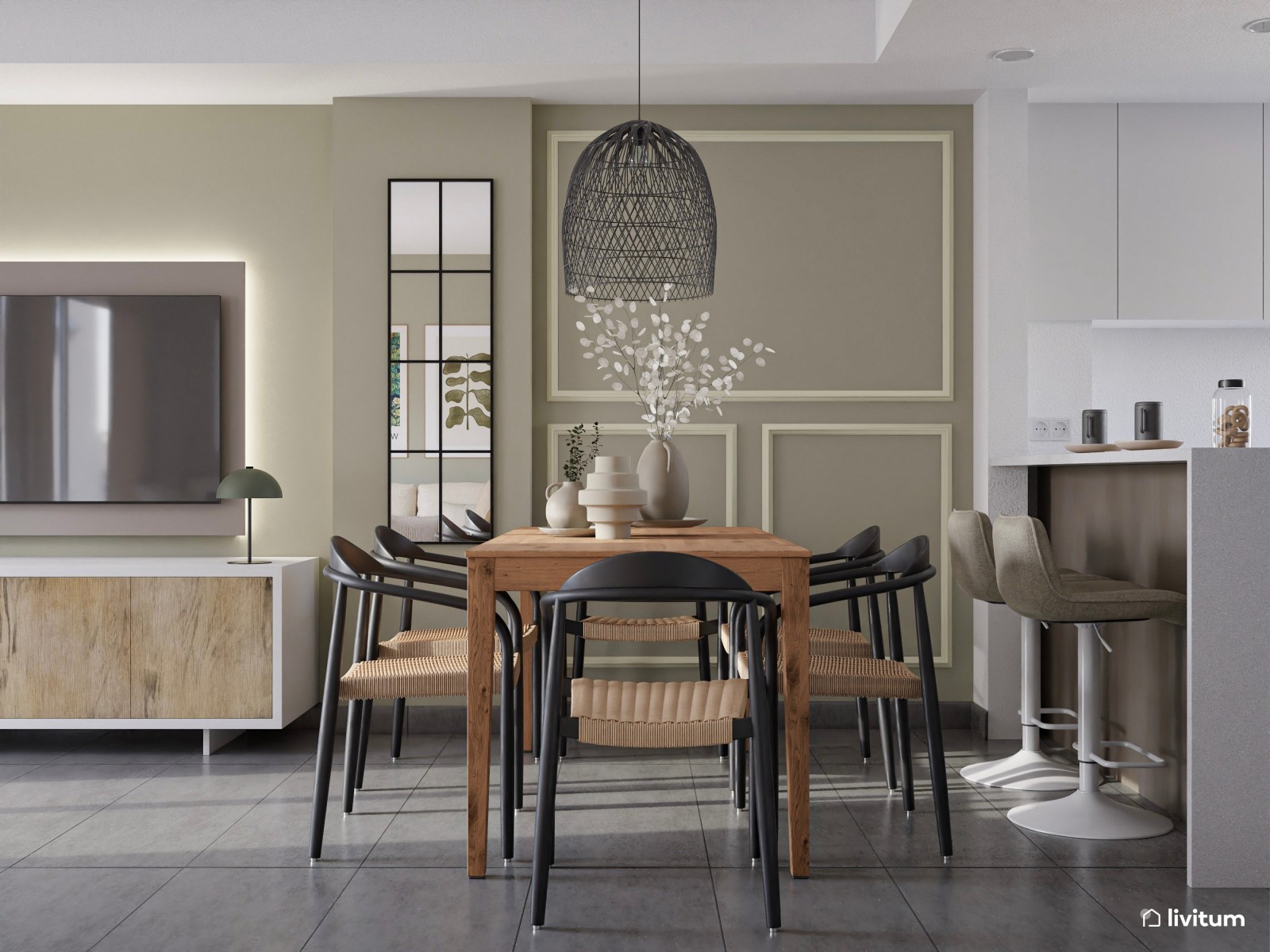 Elegante salón abierto en negro, madera y verde musgo