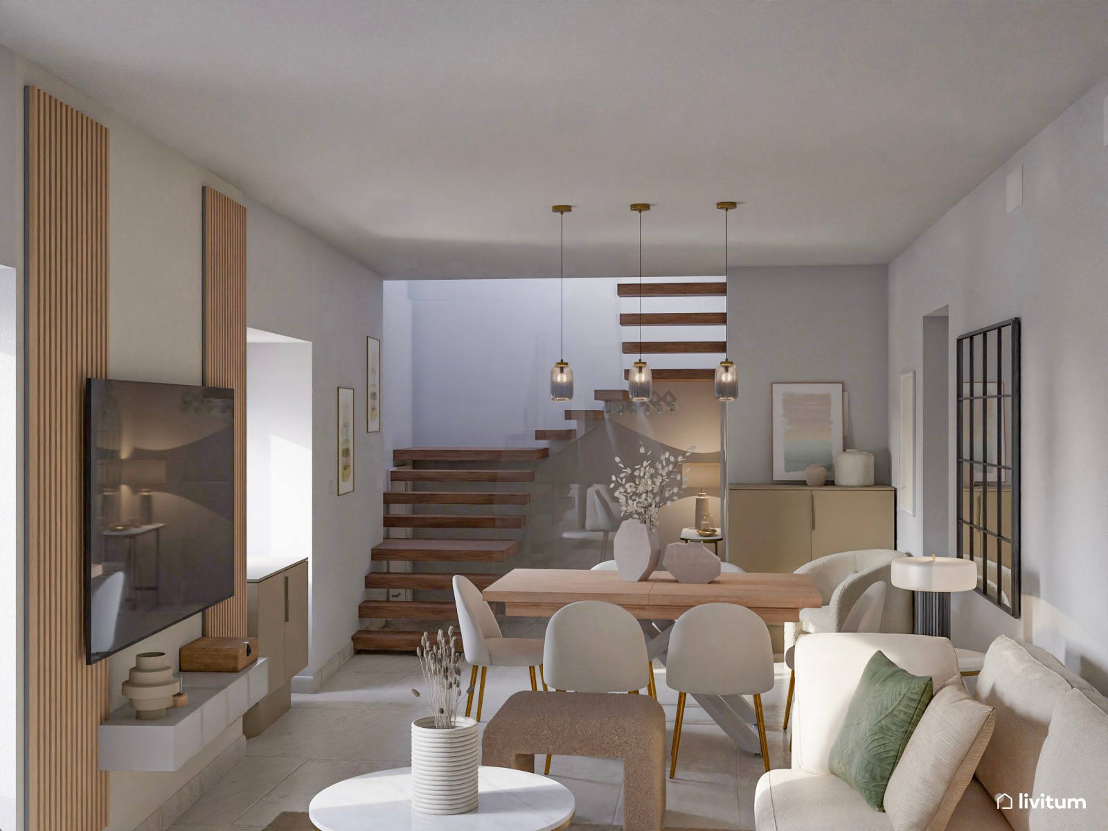 Elegante salón comedor blanco con detalles dorados 