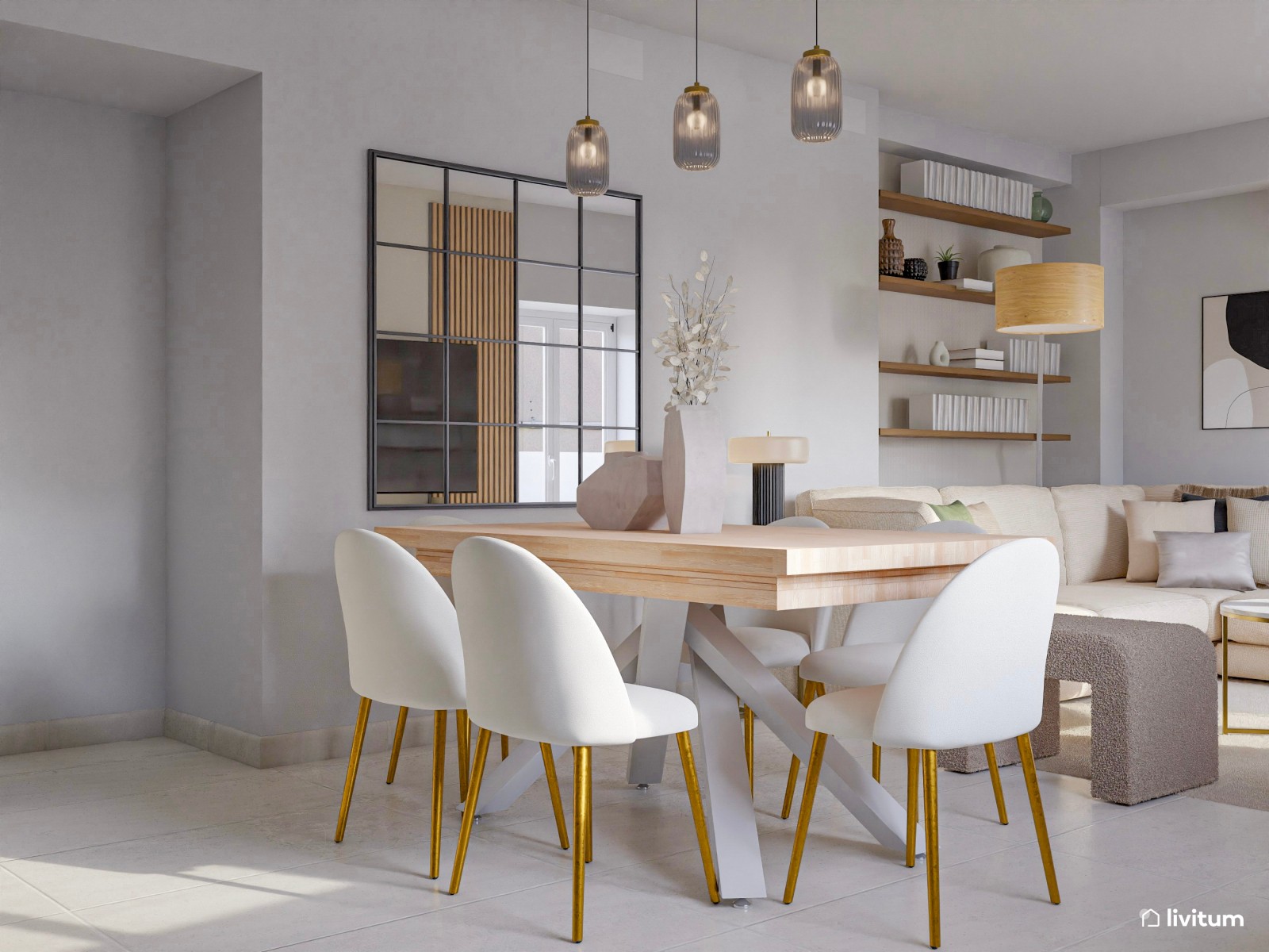 Elegante salón comedor blanco con detalles dorados 