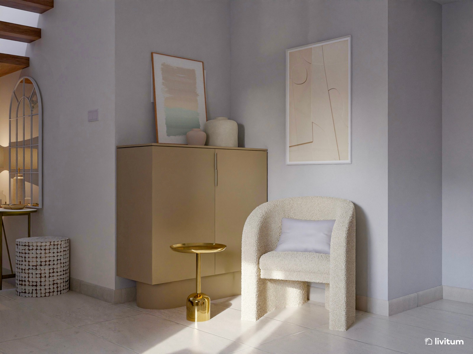Elegante salón comedor blanco con detalles dorados 