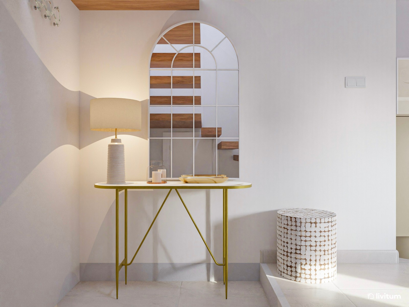 Elegante salón comedor blanco con detalles dorados 