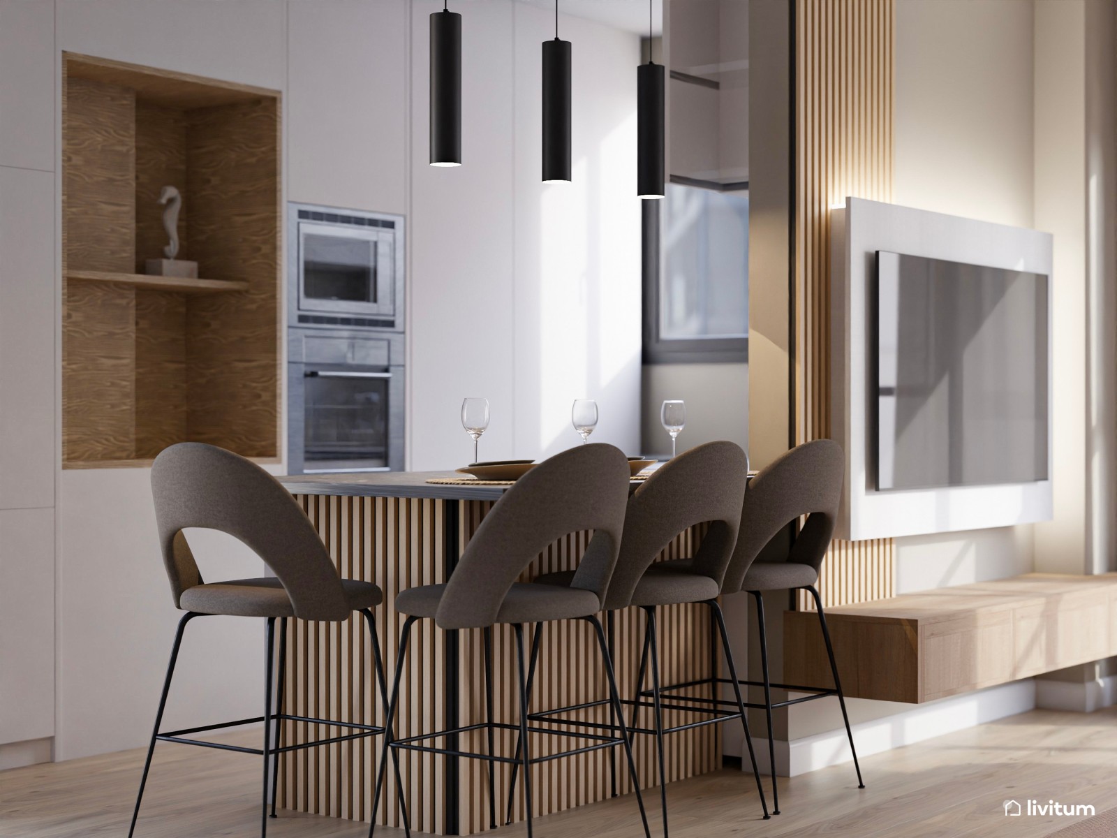 Elegante salón comedor con cocina abierta y listones de madera 