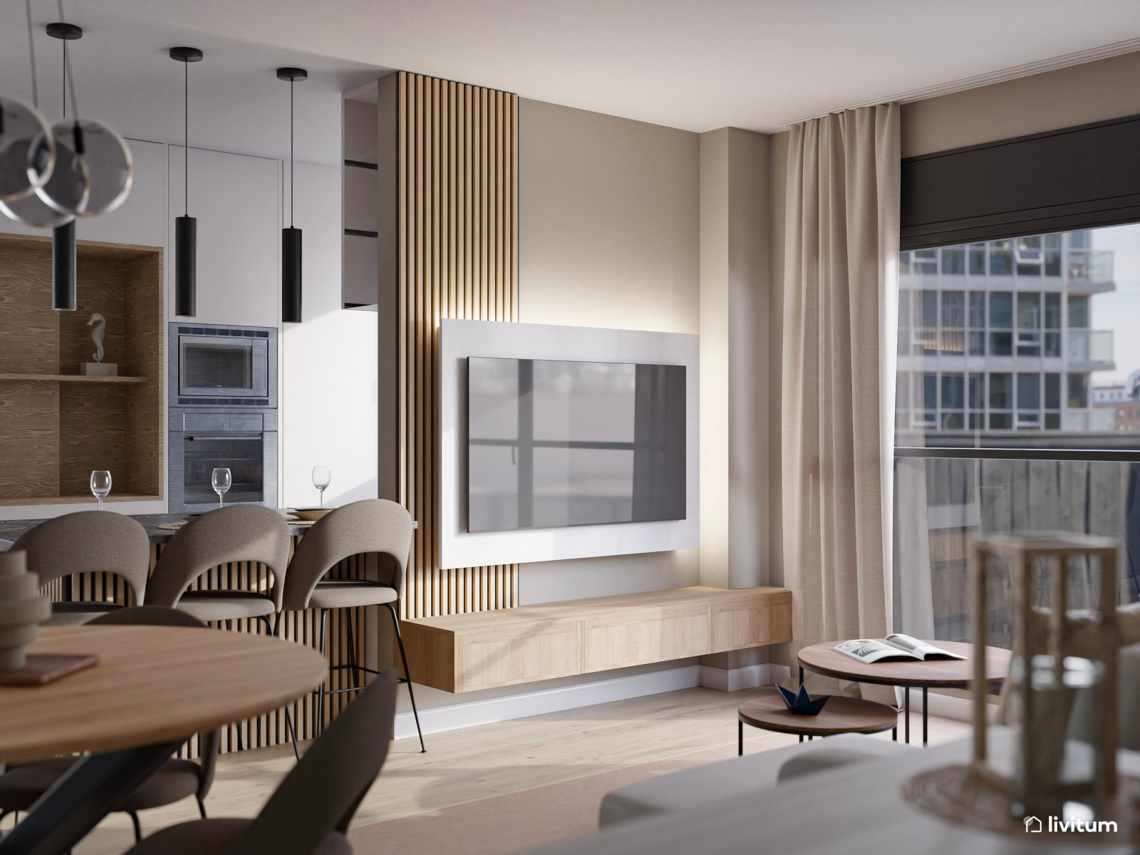 Elegante salón comedor con cocina abierta y listones de madera 