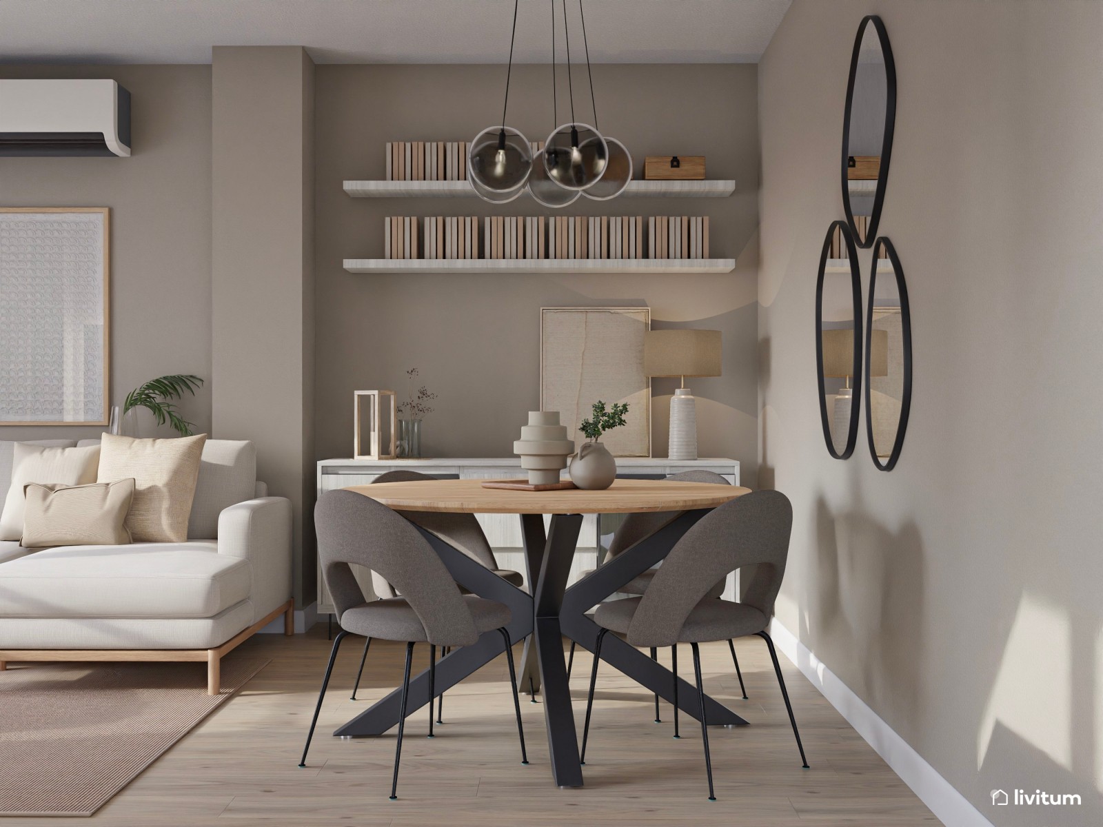 Elegante salón comedor con cocina abierta y listones de madera 
