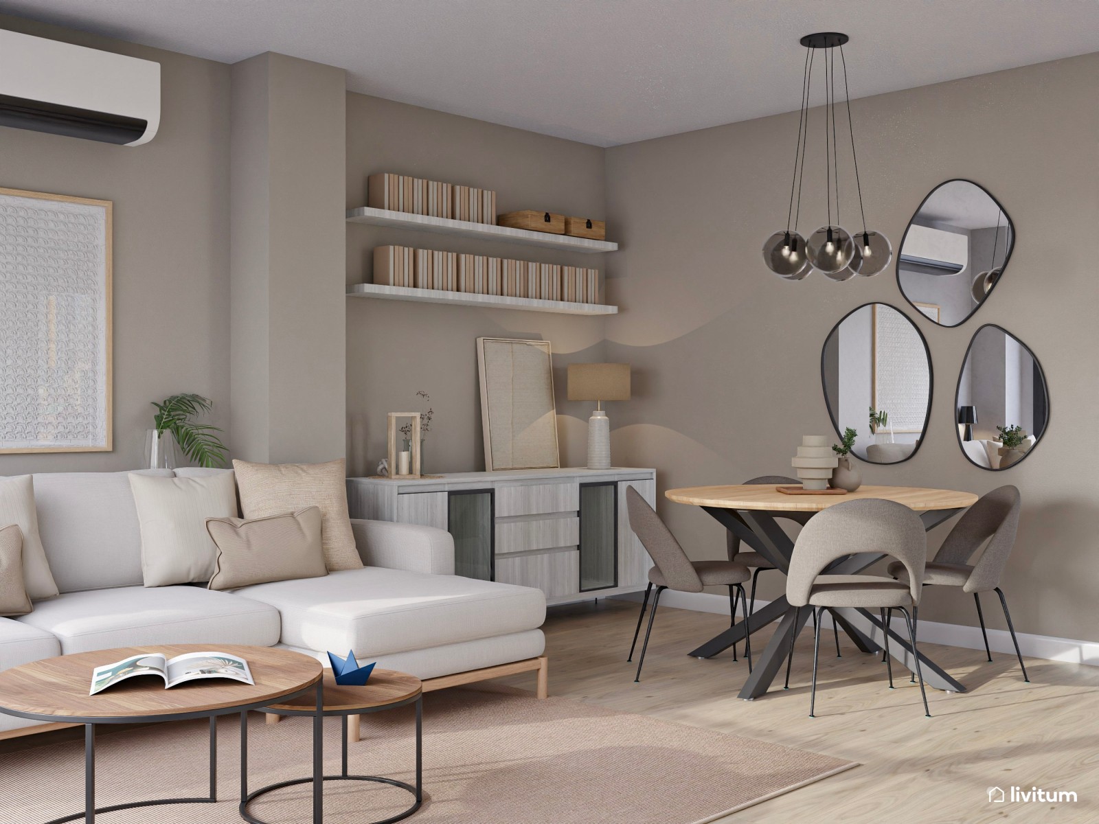 Elegante salón comedor con cocina abierta y listones de madera 