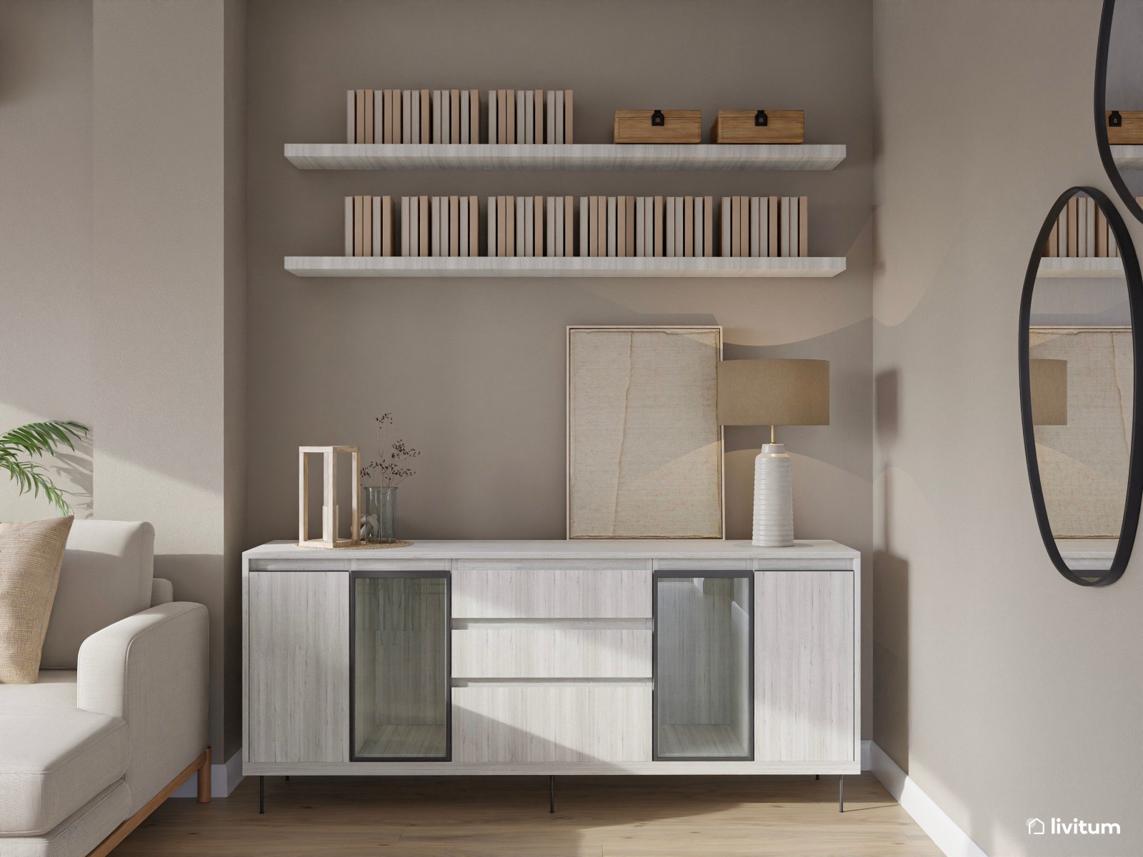 Elegante salón comedor con cocina abierta y listones de madera 
