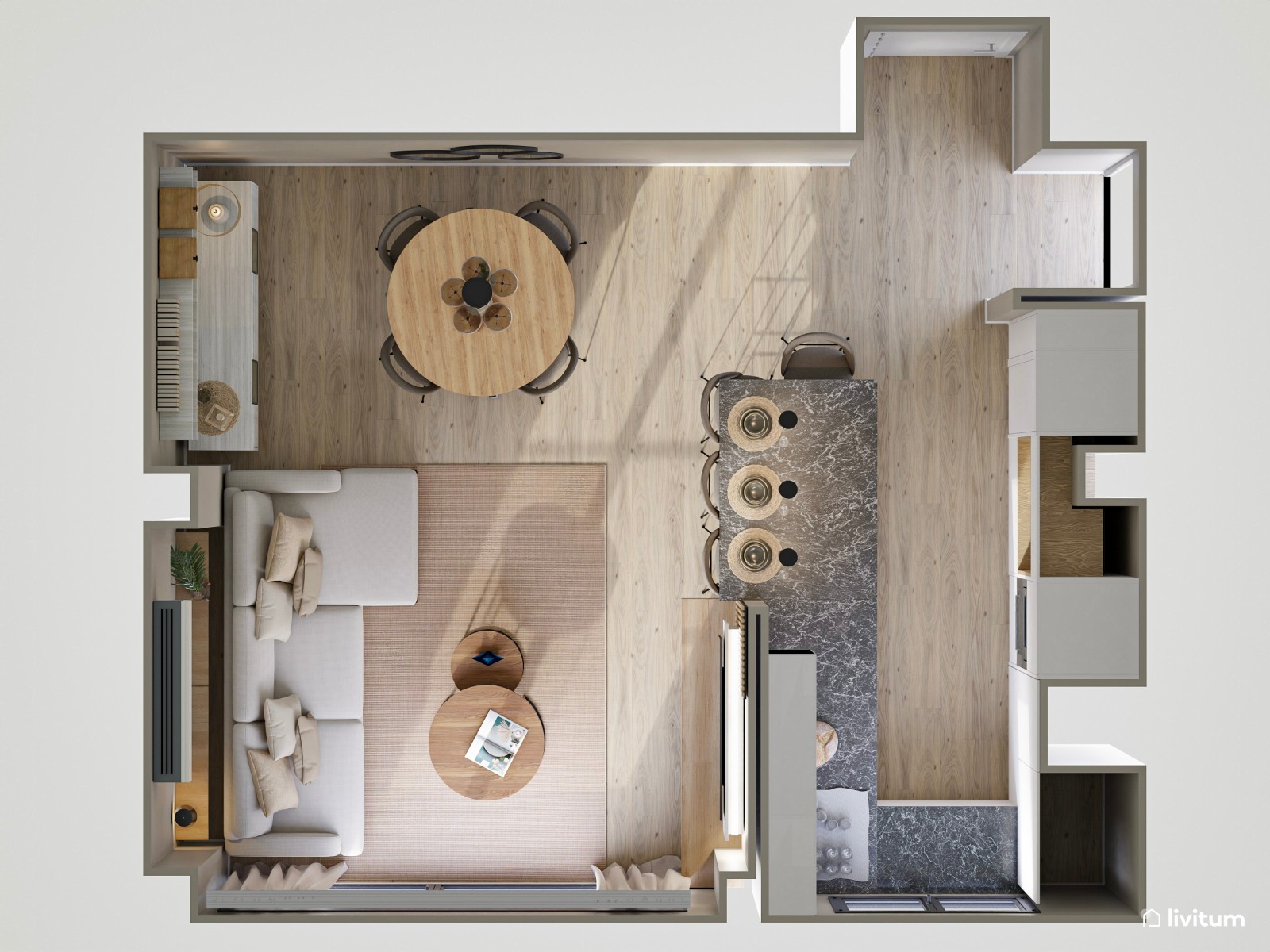 Elegante salón comedor con cocina abierta y listones de madera 
