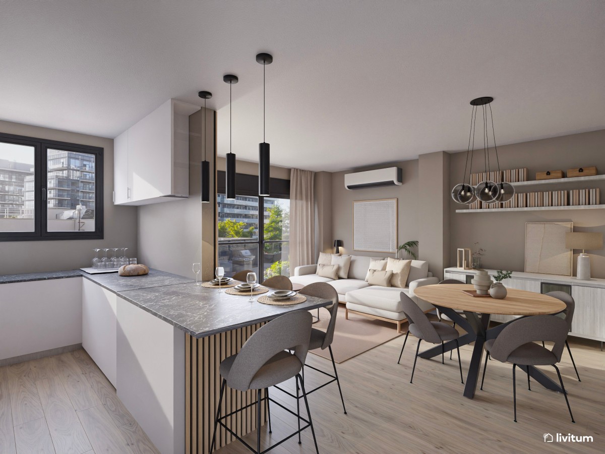 Elegante salón comedor con cocina abierta y listones de madera