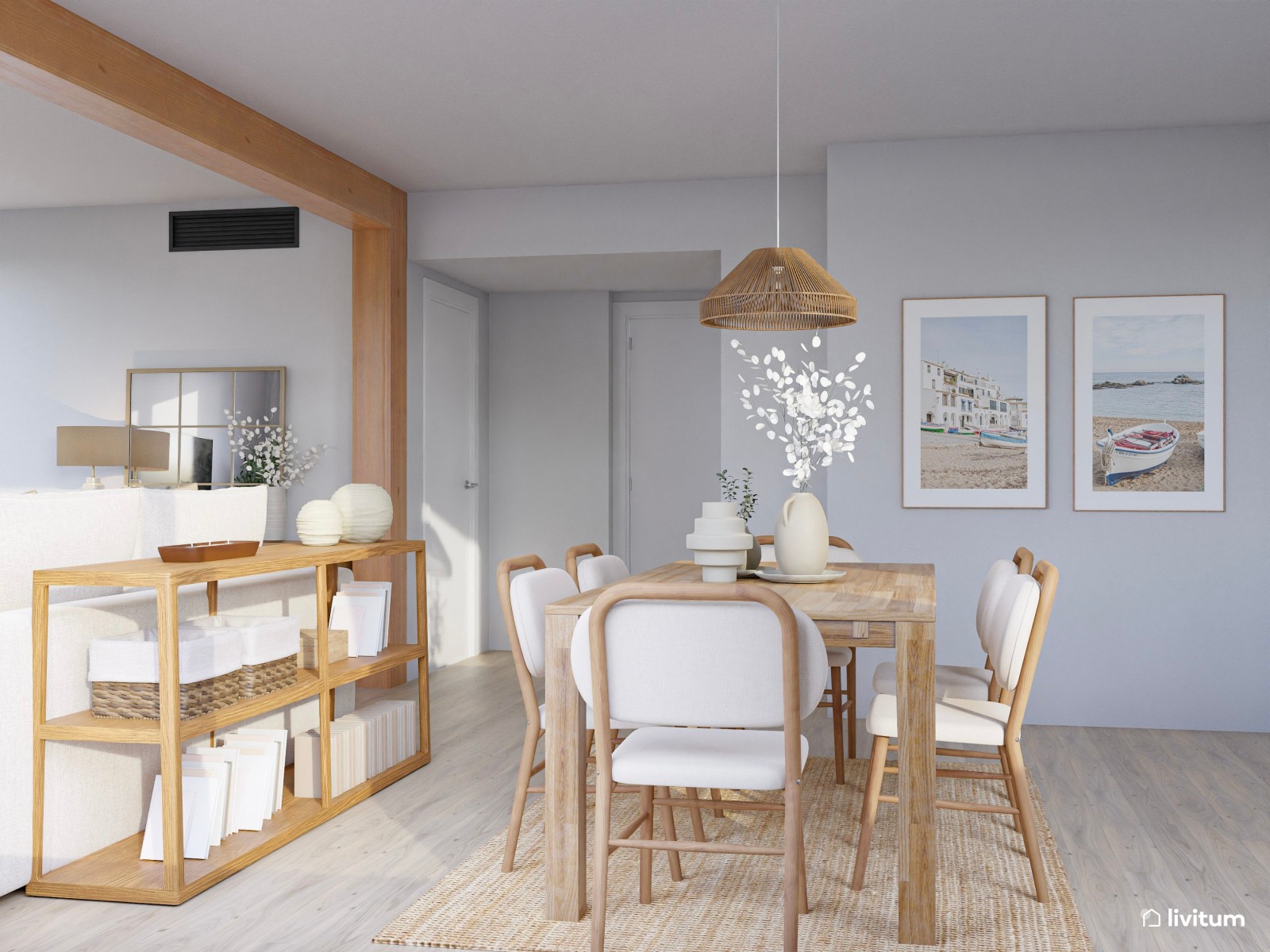 Elegante salón comedor con cocina abierta 