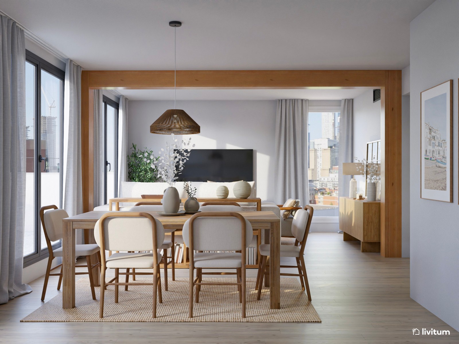 Elegante salón comedor con cocina abierta 