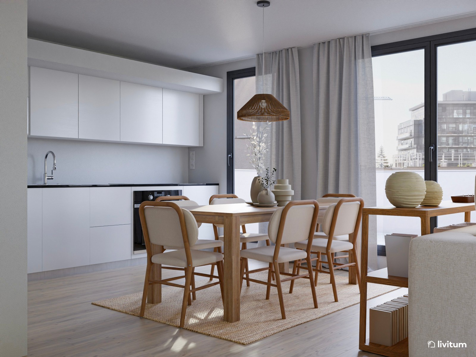 Elegante salón comedor con cocina abierta 