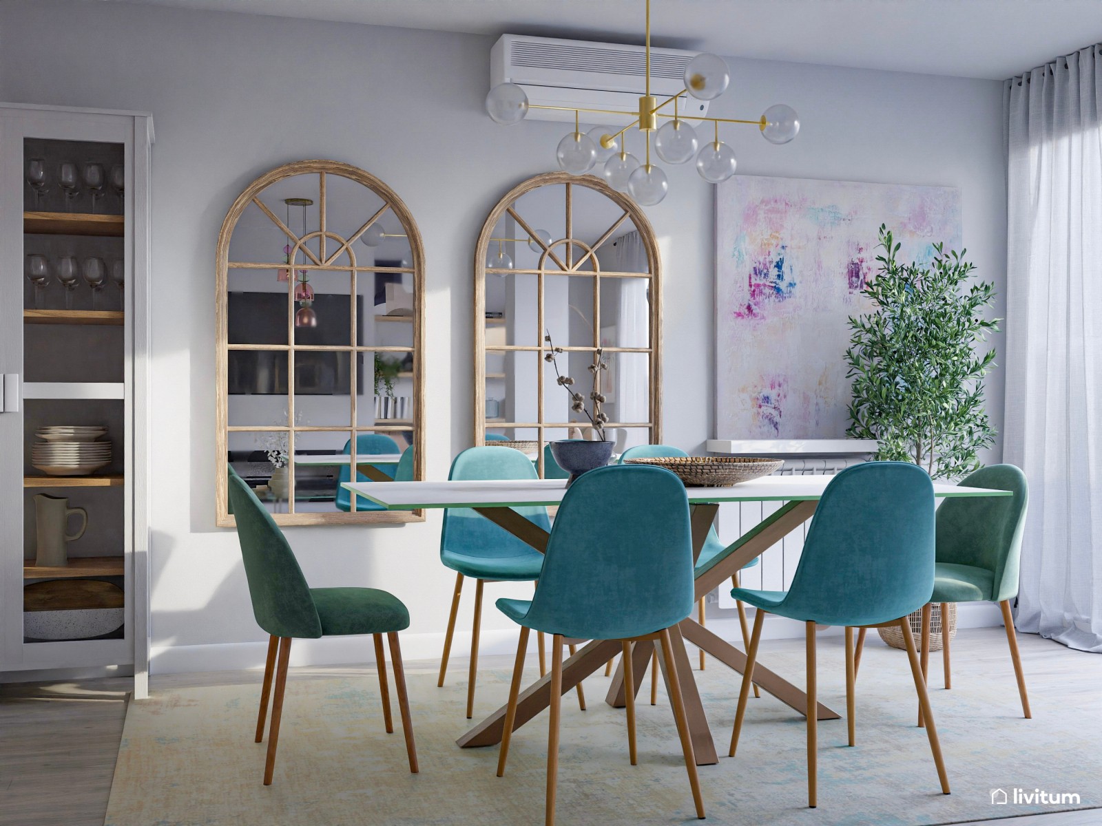 Elegante salón comedor con detalles en verde y dorado