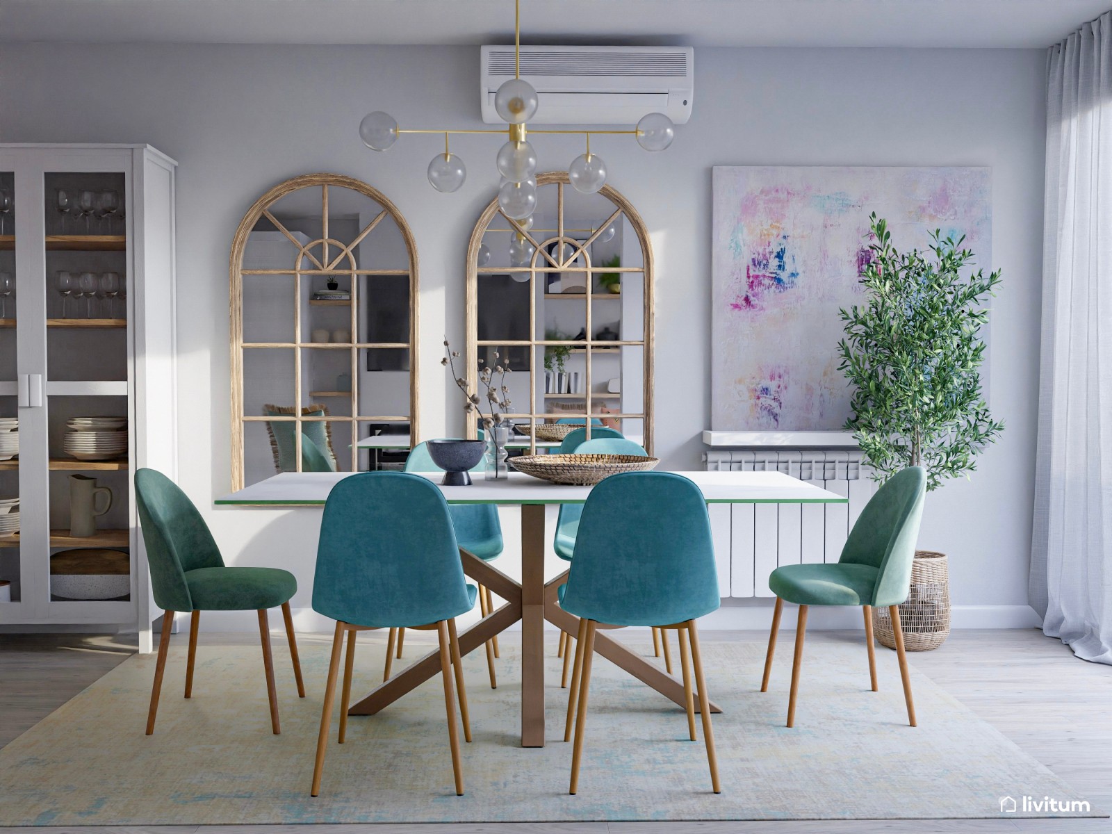 Elegante salón comedor con detalles en verde y dorado