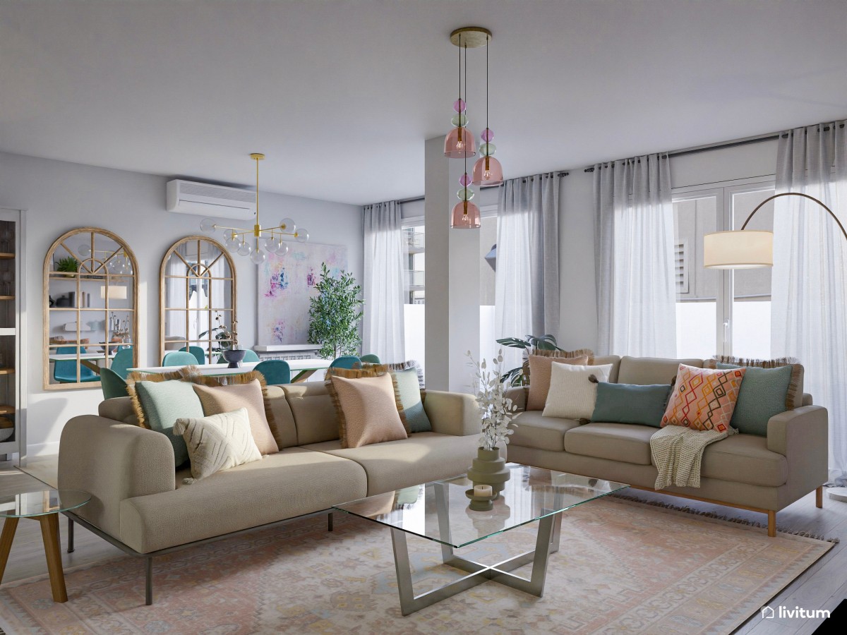 Elegante salón comedor con detalles en verde y dorado