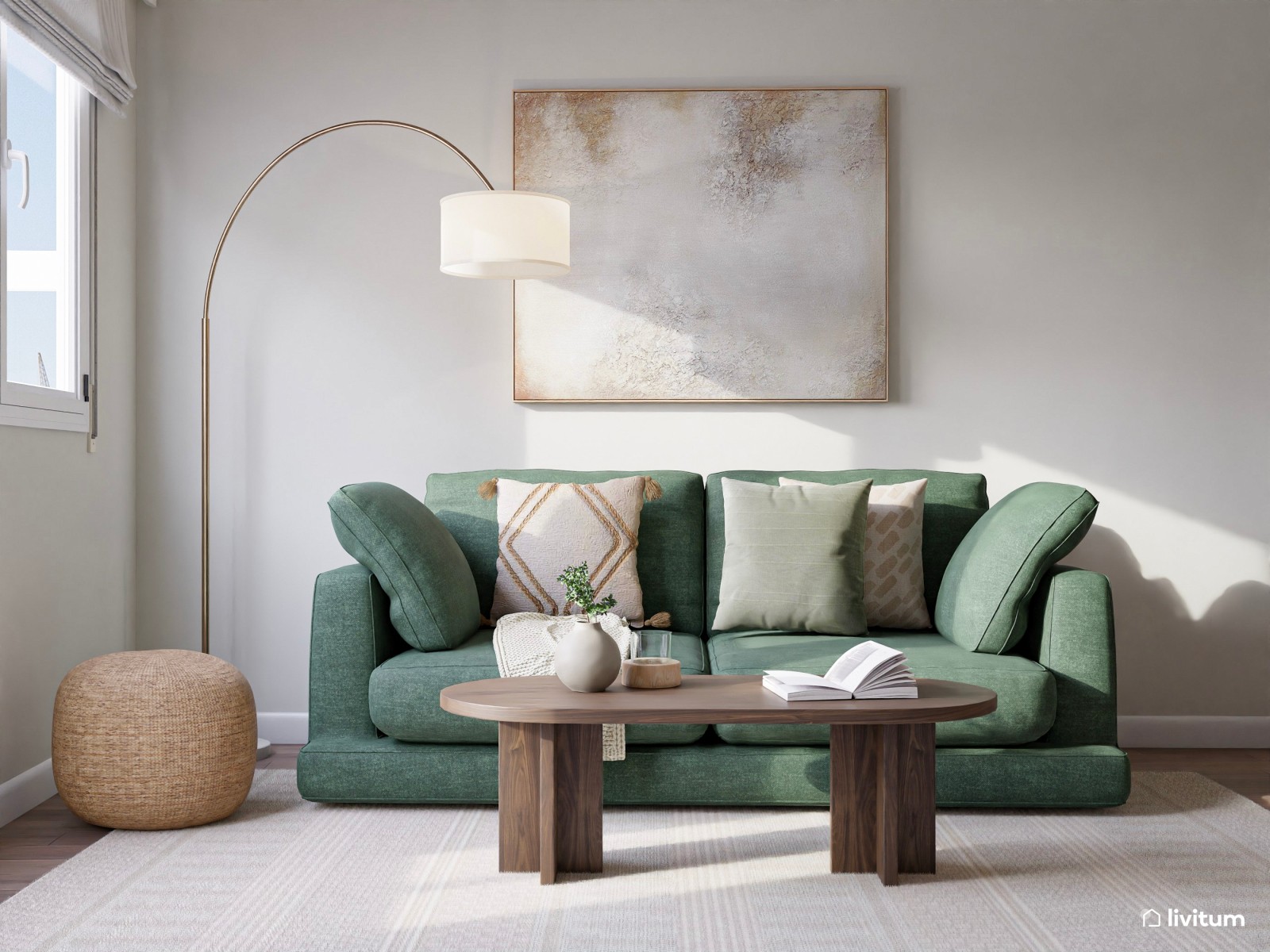 Elegante salón comedor con madera oscura y verde de 21 m² 