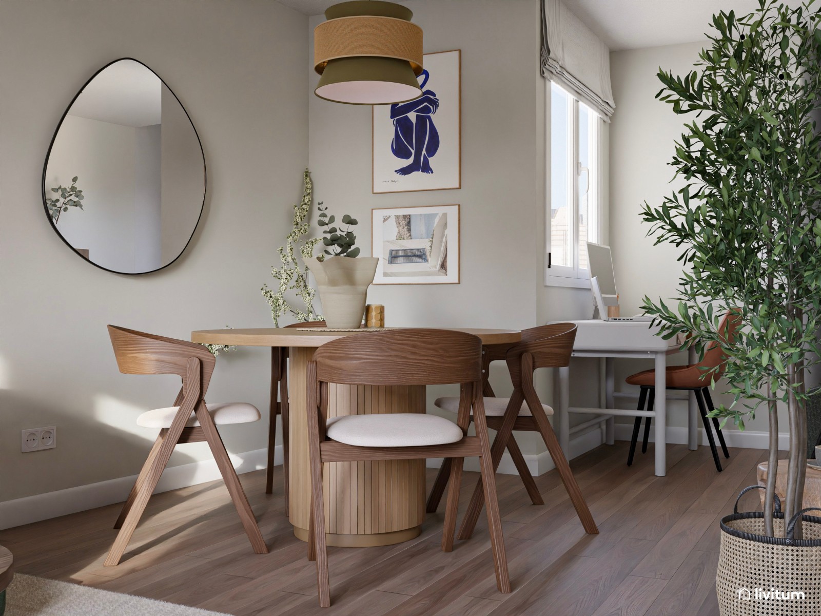 Elegante salón comedor con madera oscura y verde de 21 m² 